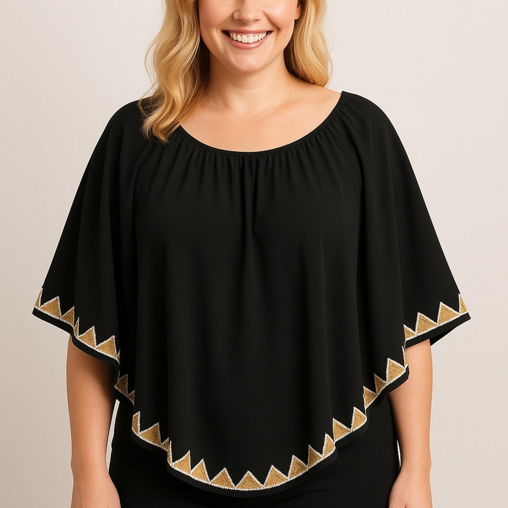 Hippy Heart Handmade Cape Top Shirt Art Deco Gold Metallic Triangle Trim XL Blk